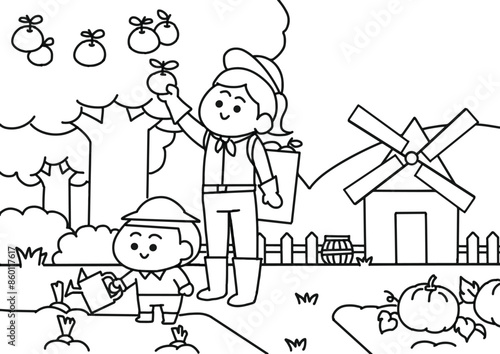 Child gardening in farm.
