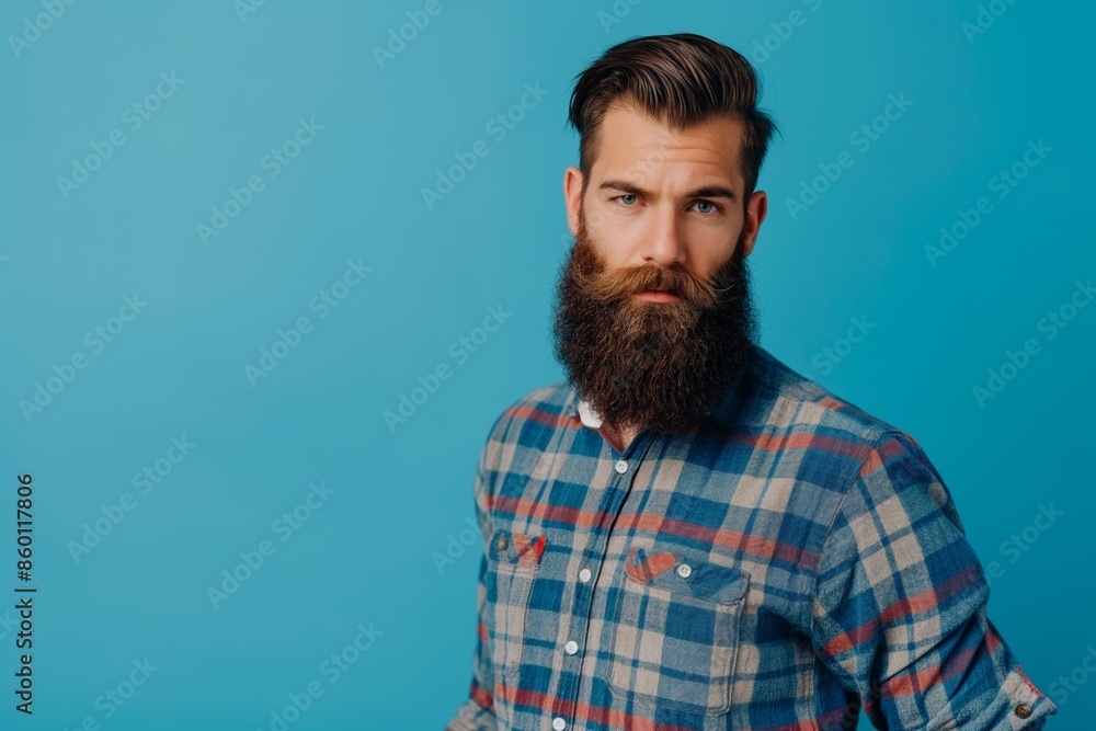 A stylish, handsome man with a trendy beard and mustache, exuding confidence in a casual shirt. A stylish, handsome man with a trendy beard and mustache, exuding confidence in a casual shirt.