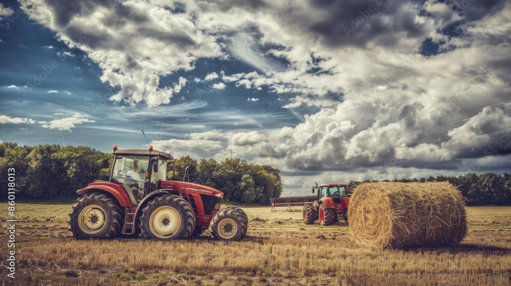 Red Tractor in a Rural Field with Hay Bales Under a Cloudy Sky Red Tractor in a Rural Field with Hay Bales Under a Cloudy Sky
