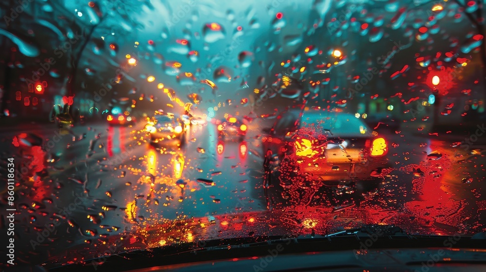 Fototapeta premium Detailed urban photograph taken through a raindrop-covered windshield, capturing the essence of nighttime city traffic with colorful streetlights reflecting on the wet road, evoking a vibrant mood.