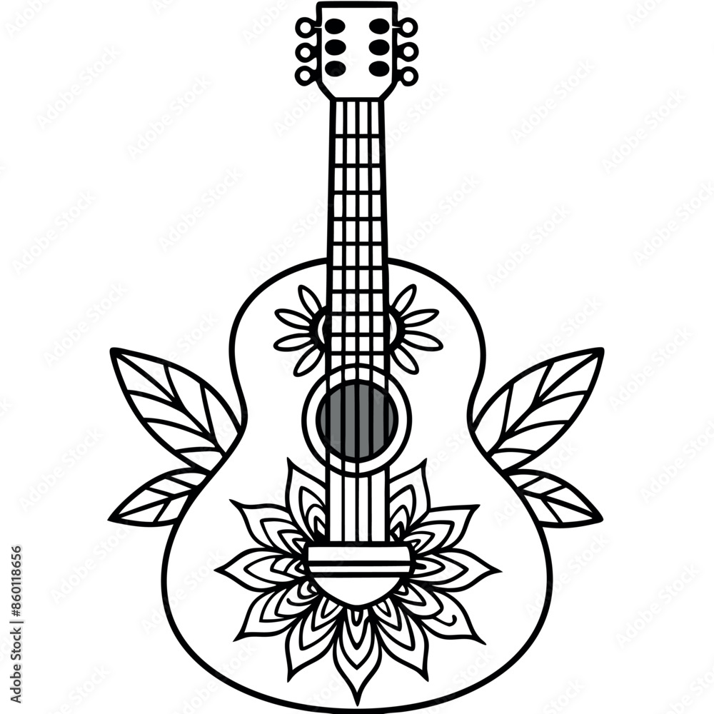 Adult coloring page featuring a hand-drawn guitar with a lovely flower background
Adult coloring page featuring a hand-drawn guitar with a lovely flower background