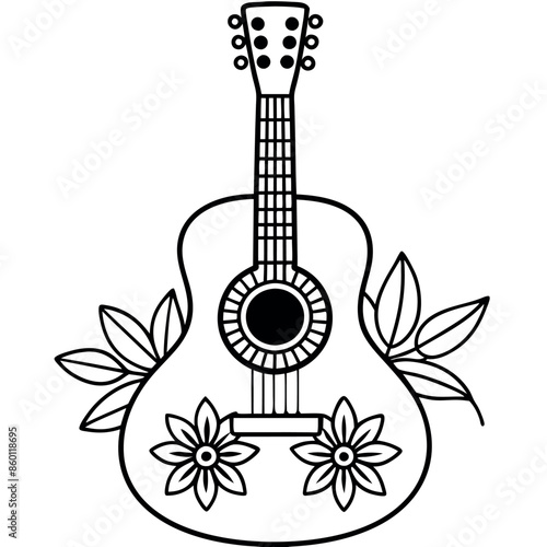 Adult coloring page featuring a hand-drawn guitar with a lovely flower background
