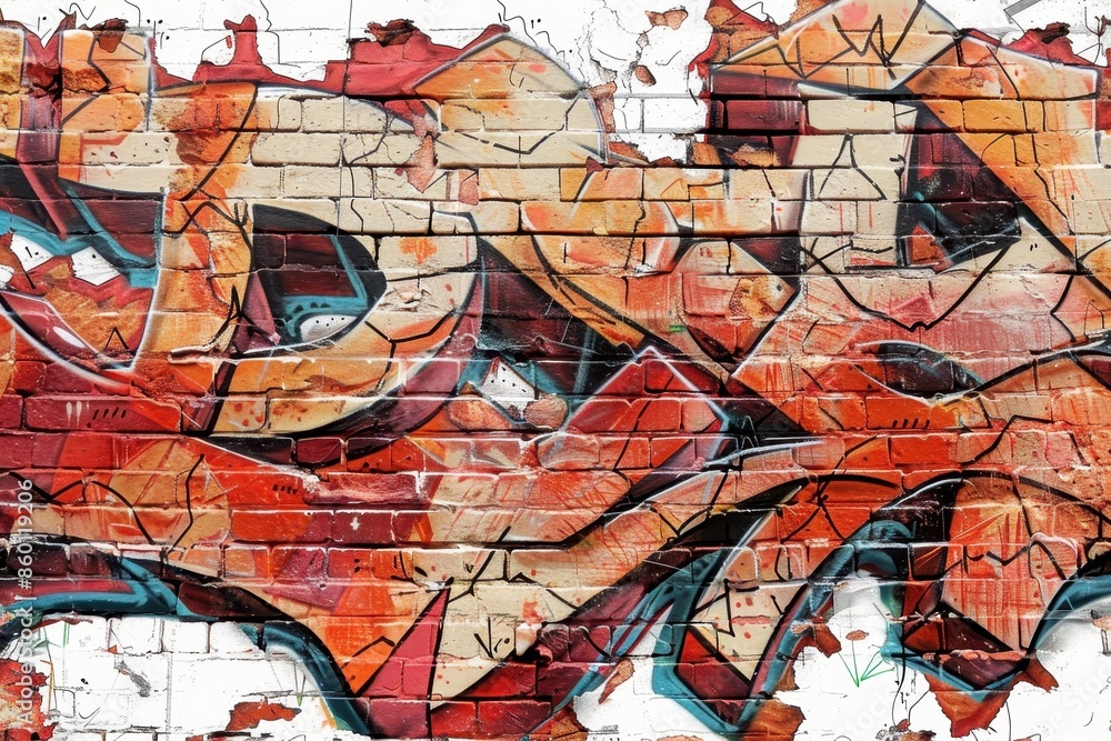 Obraz premium Colorful street art graffiti on a weathered brick wall displaying abstract shapes and intricate details.