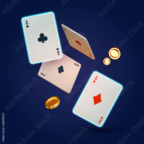 Online casino, welcome bonus, win banner, jackpot, poker, card suits, cards and money. Falling cards and coins. Gambling design.
