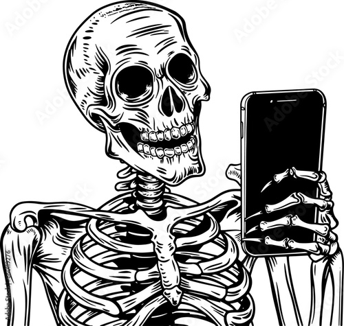 Black human skeleton using smartphone, excessive gadget use and virtual addiction concept