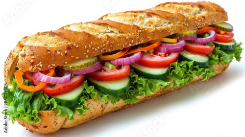 A fresh, colorful sub sandwich overflowing with vegetables and a crunchy baguette