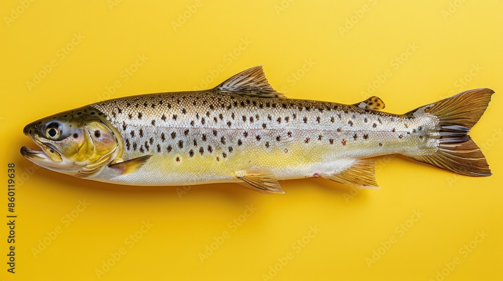 A close-up view of a fresh trout on a bright yellow background A close-up view of a fresh trout on a bright yellow background
