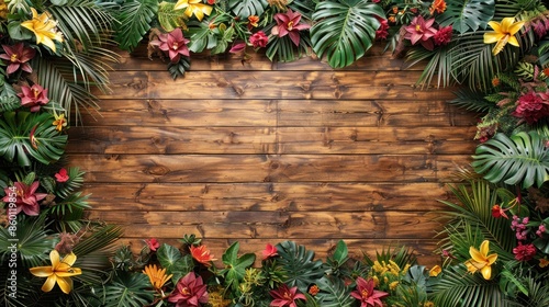 A vibrant tropical floral border frames a rustic wooden plank wall, creating a natural and inviting backdrop