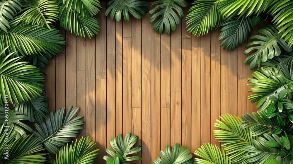 Tropical palm leaves frame a wooden deck, creating a natural border Tropical palm leaves frame a wooden deck, creating a natural border