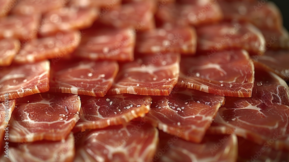 Close-up of thinly sliced pork, salted and ready for cooking Close-up of thinly sliced pork, salted and ready for cooking