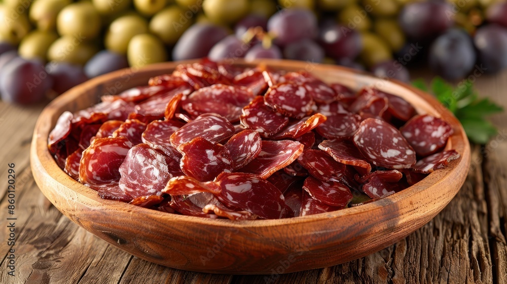 A close-up view of sliced salami in a wooden bowl, ready for a delectable meal A close-up view of sliced salami in a wooden bowl, ready for a delectable meal