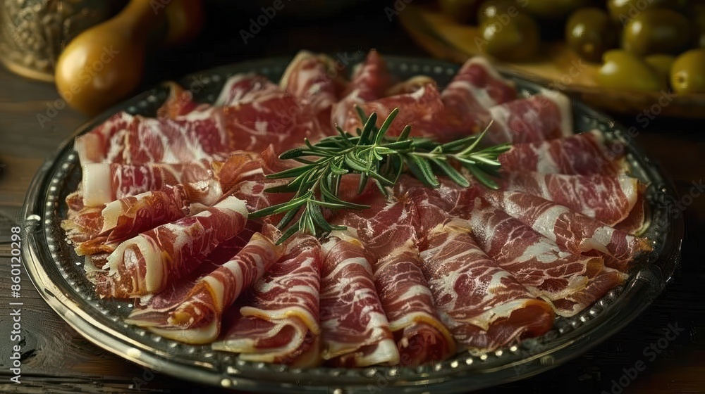 A silver platter with thinly sliced cured meat, garnished with rosemary sprigs A silver platter with thinly sliced cured meat, garnished with rosemary sprigs