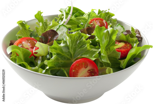 fresh green salad with tomatoes and cucumber in white bowl., isolated on transparent background photo