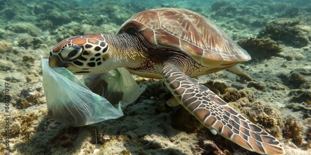 Fototapeta premium An underwater scene depicting a sea turtle amidst marine pollution, highlighting environmental concerns in tropical waters.