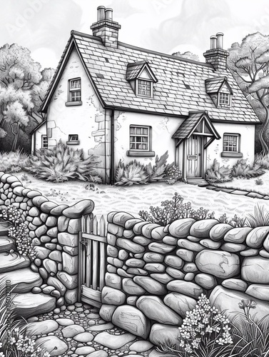 Black and white illustration of a vintage farmhouse with a dormer photo