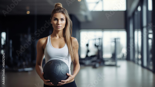 Strong female athlete demonstrating med ball exercise in a gym setting.