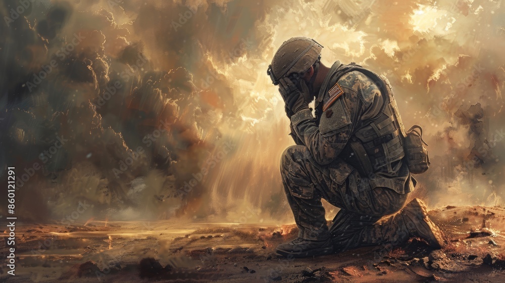 A soldier is kneeling in the desert, looking up at the sky. The sky is cloudy and the sun is setting. The soldier appears to be in deep thought or prayer A soldier is kneeling in the desert, looking up at the sky. The sky is cloudy and the sun is setting. The soldier appears to be in deep thought or prayer