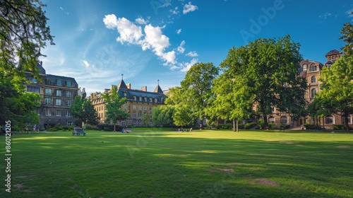 Campus Green with Historic Buildings and Lush Trees