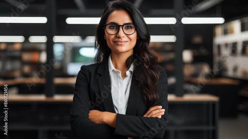 Powerful and confident executive business woman standing in office.