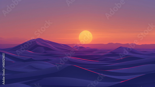 A beautiful sunset over a desert landscape with a large sun in the sky