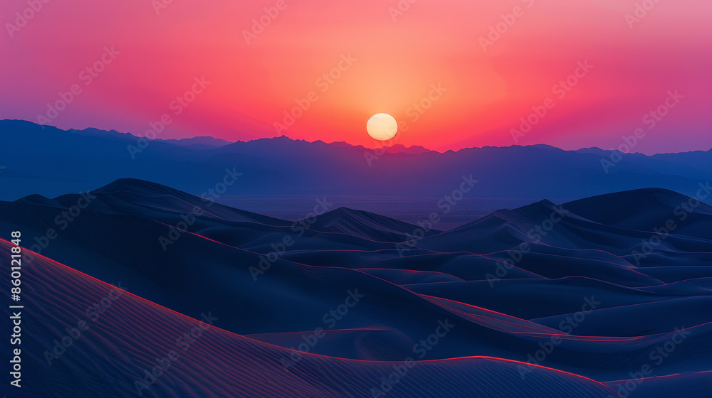 A sunset over a desert landscape with mountains in the background A sunset over a desert landscape with mountains in the background