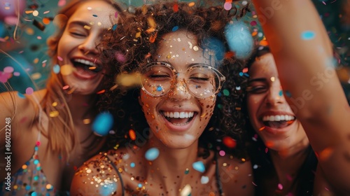 Three jubilant friends laughing together and tossing confetti in the air, immersed in a colorful celebration, capturing the essence of happiness, joy, and strong friendships.