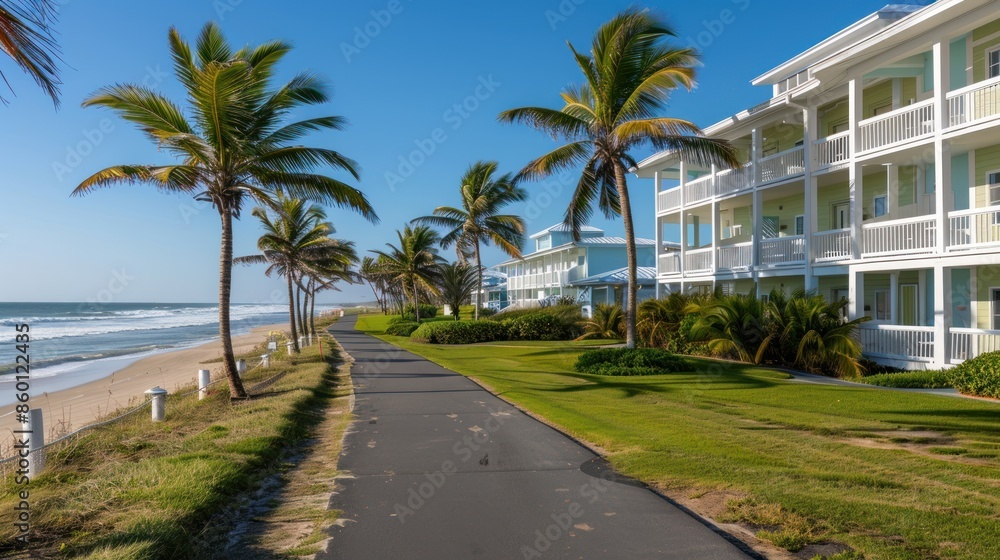 Fototapeta premium Coastal Pathway Leading to Palm Tree-Lined Beachfront Condos
