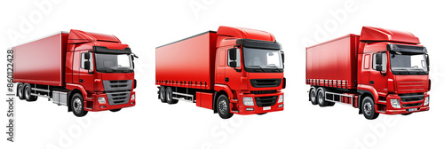 Set of heavy duty red cargo truck for transportation isolated on transparent background  photo