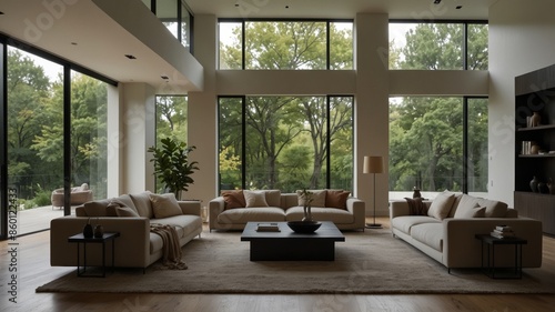 minimalist living room with large windows © Halloway