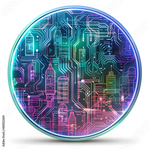 silicon wafer with glowing circuits symbolizes ais role in futuristic cityscape. concept technology, ai, future cities, silicon wafer, glowing circuits isolated on white background, vintage, png photo