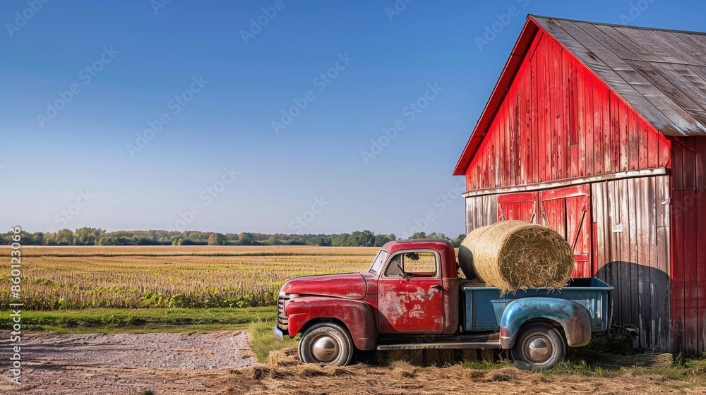 Fototapeta premium A vintage pickup truck parked beside a red barn on a farm, with hay bales in the back and fields of crops in the distance, under a clear blue sky, in a nostalgic, painterly style