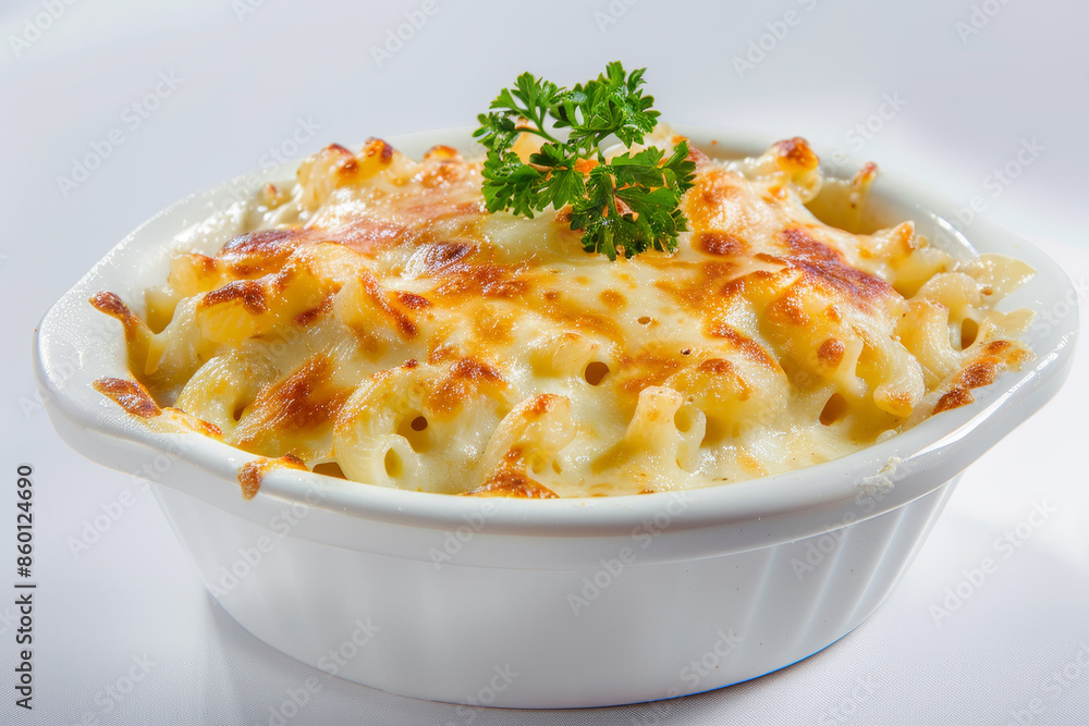 A white bowl of macaroni and cheese with parsley on top