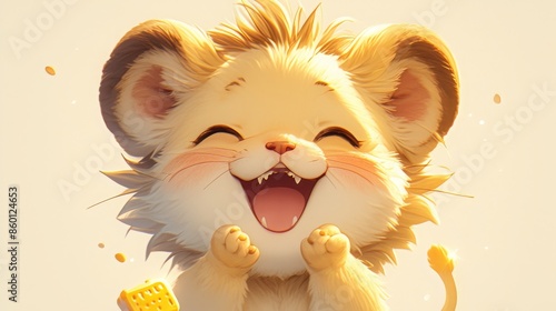 Charming illustration of a joyful lion cub laughing heartily, captured in warm, golden light, exuding happiness and innocence. photo