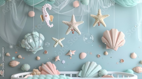 A baby mobile with pastel sea creatures like starfish and seahorses, decorative shells and bubbles, on a soft blue nursery wall, photo