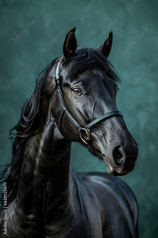A powerful black stallion, symbolizing equestrian beauty, stands in a pastoral field. A powerful black stallion, symbolizing equestrian beauty, stands in a pastoral field.