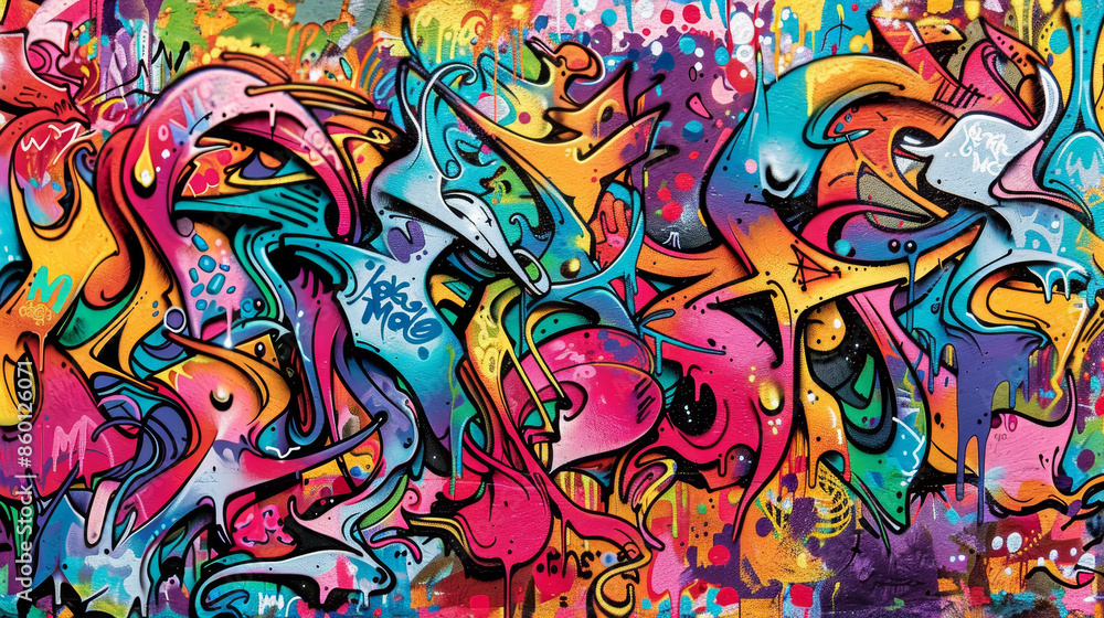 Obraz premium A colorful graffiti wall with a variety of shapes and letters