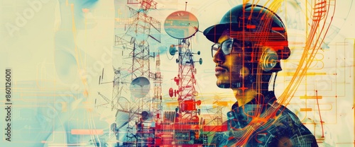 The engineer is working on a telecommunications tower. He is wearing a hard hat and safety glasses. The background is a blur of colors. photo