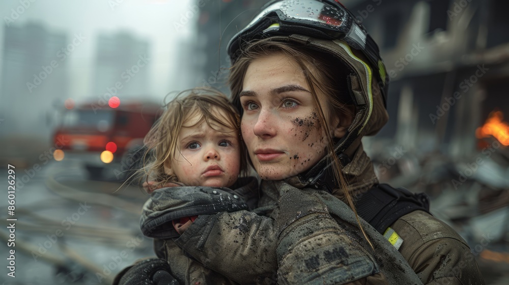 Amidst the chaos of a burning house, a courageous firefighter heroically saves a terrified child, emphasizing the urgency and heroism of the rescue. Amidst the chaos of a burning house, a courageous firefighter heroically saves a terrified child, emphasizing the urgency and heroism of the rescue.
