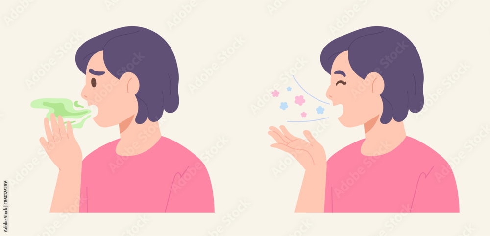Woman checking her mouth breath with halitosis and fresh breath. Concept of health care, bad breath problem, oral health, dental health, smelly mouth. Flat vector illustration character. Woman checking her mouth breath with halitosis and fresh breath. Concept of health care, bad breath problem, oral health, dental health, smelly mouth. Flat vector illustration character.