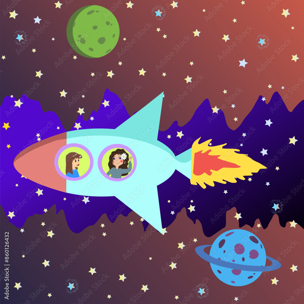 Two Girls Flying In Space On Rocket Looking Through Round Windows Illuminators. Vector illustration blue raveta flies from right to left in outer space. Jupiter and Uranus as well as many stars. Two Girls Flying In Space On Rocket Looking Through Round Windows Illuminators. Vector illustration blue raveta flies from right to left in outer space. Jupiter and Uranus as well as many stars.