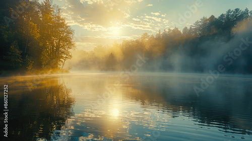 Fototapeta Naklejka Na Ścianę i Meble -  Mist drifts over tranquil lake at sunrise creating magical atmosphere in the countryside
