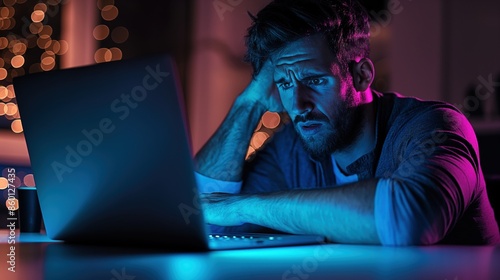 Stressed man working late at night on a laptop, illuminated by blue and pink light, representing work stress and late-night work.