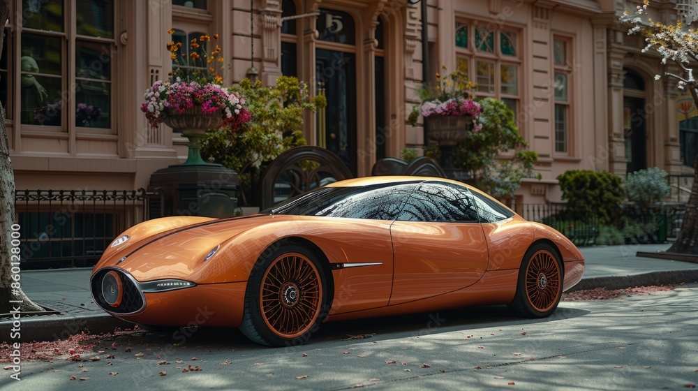 On the empty street, a modern car of an unconventional form stands parked - a solitary figure epitomizing fashionable automotive design. On the empty street, a modern car of an unconventional form stands parked - a solitary figure epitomizing fashionable automotive design.