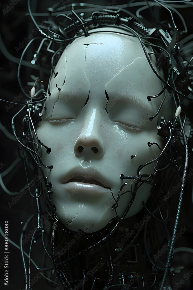 Pale Humanoid Head Drifting,Tethered to Mechanical Contraption in Void-like Setting Pale Humanoid Head Drifting,Tethered to Mechanical Contraption in Void-like Setting