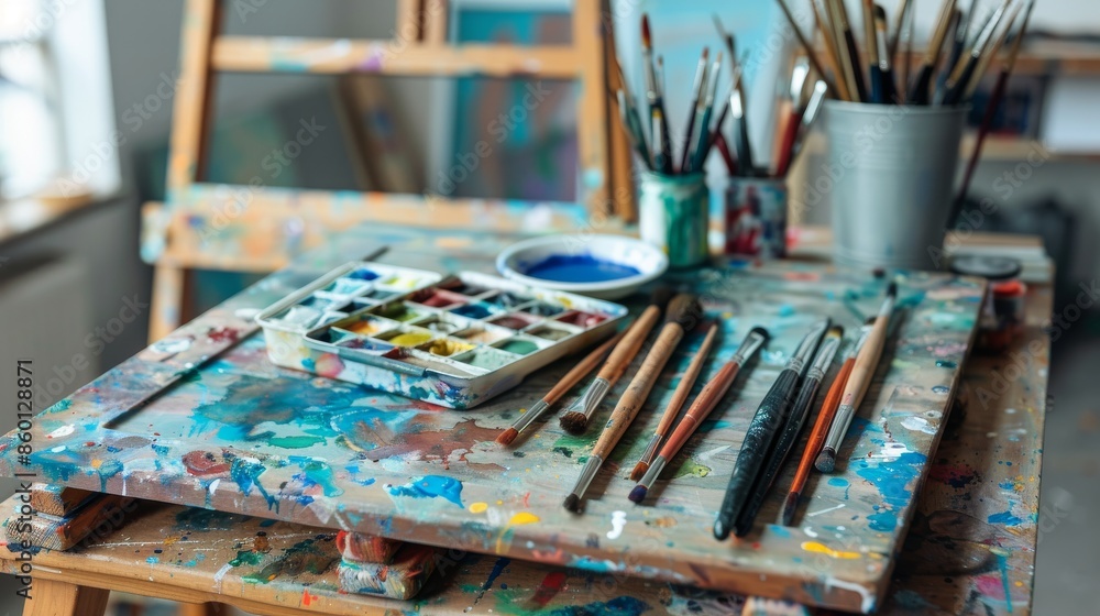 a flat lay scene with a collection of art supplies--paint tubes, brushes, and a sketchbook a flat lay scene with a collection of art supplies--paint tubes, brushes, and a sketchbook