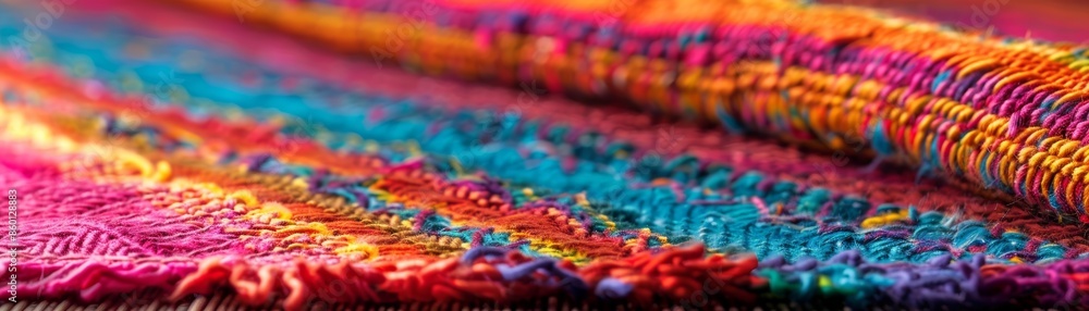 Close-up of colorful woven fabric with vibrant threads in red, blue, and yellow hues creating a beautiful texture and pattern. Close-up of colorful woven fabric with vibrant threads in red, blue, and yellow hues creating a beautiful texture and pattern.