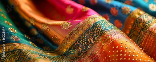 Close-up of colorful, traditional Indian silk fabric with intricate patterns and vibrant colors, showcasing cultural elegance and craftsmanship.