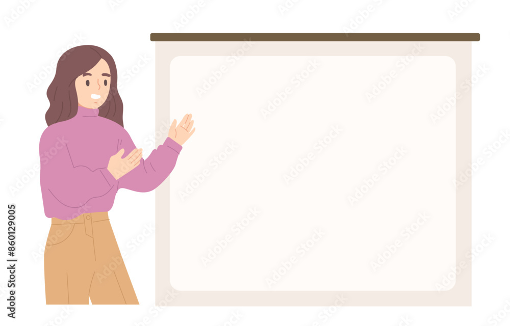 Young woman is presenting blank projector screen for information. Template for presentation. Concept of business meeting, conference, working, announcement, communication. Flat vector illustration. Young woman is presenting blank projector screen for information. Template for presentation. Concept of business meeting, conference, working, announcement, communication. Flat vector illustration.