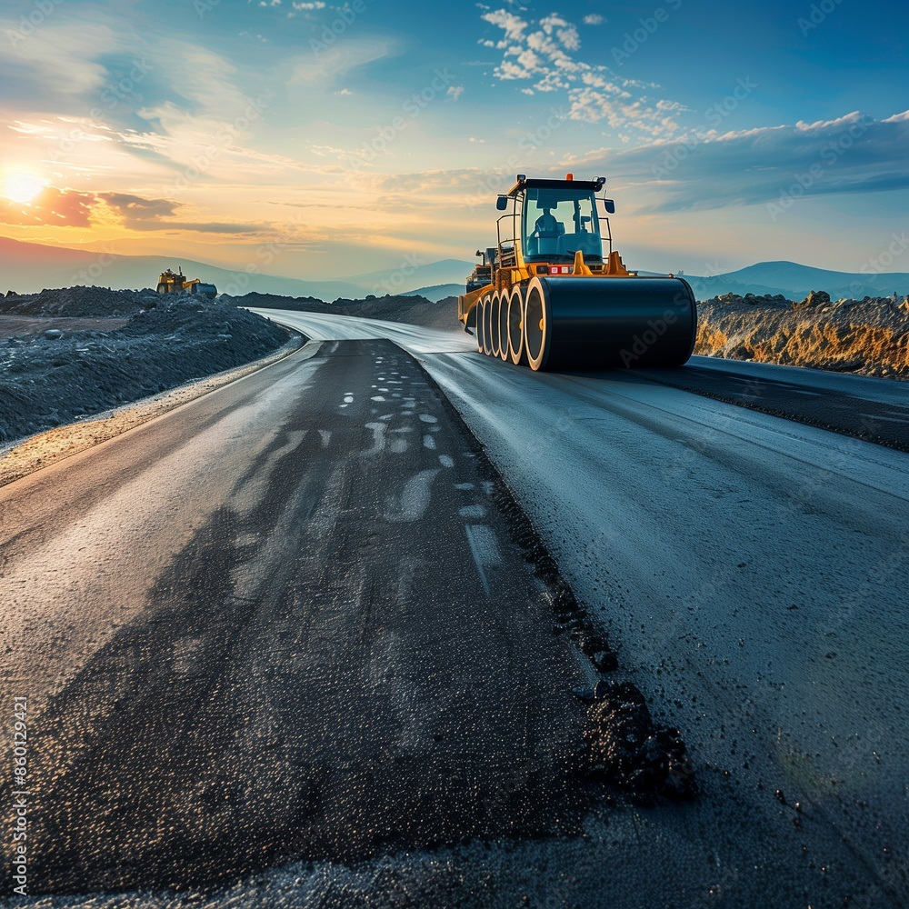 Fototapeta premium Asphalt Road Repair: Industrial Roller in Action