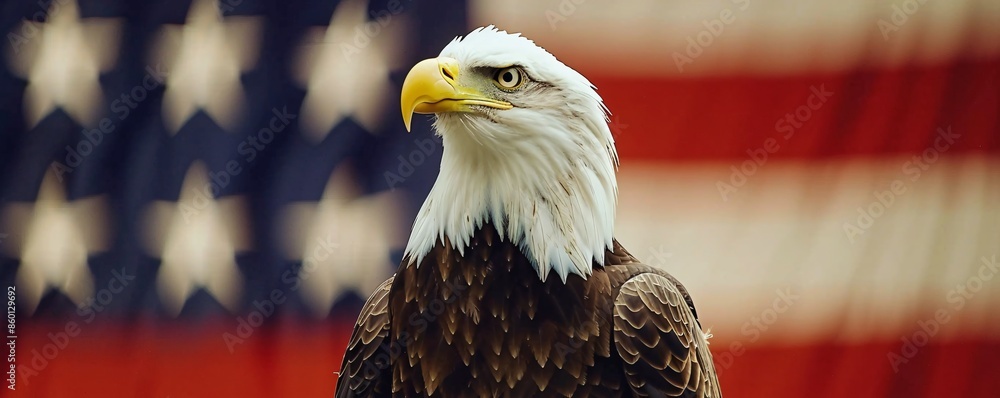 Majestic bald eagle is posing with an american flag background Stock ...